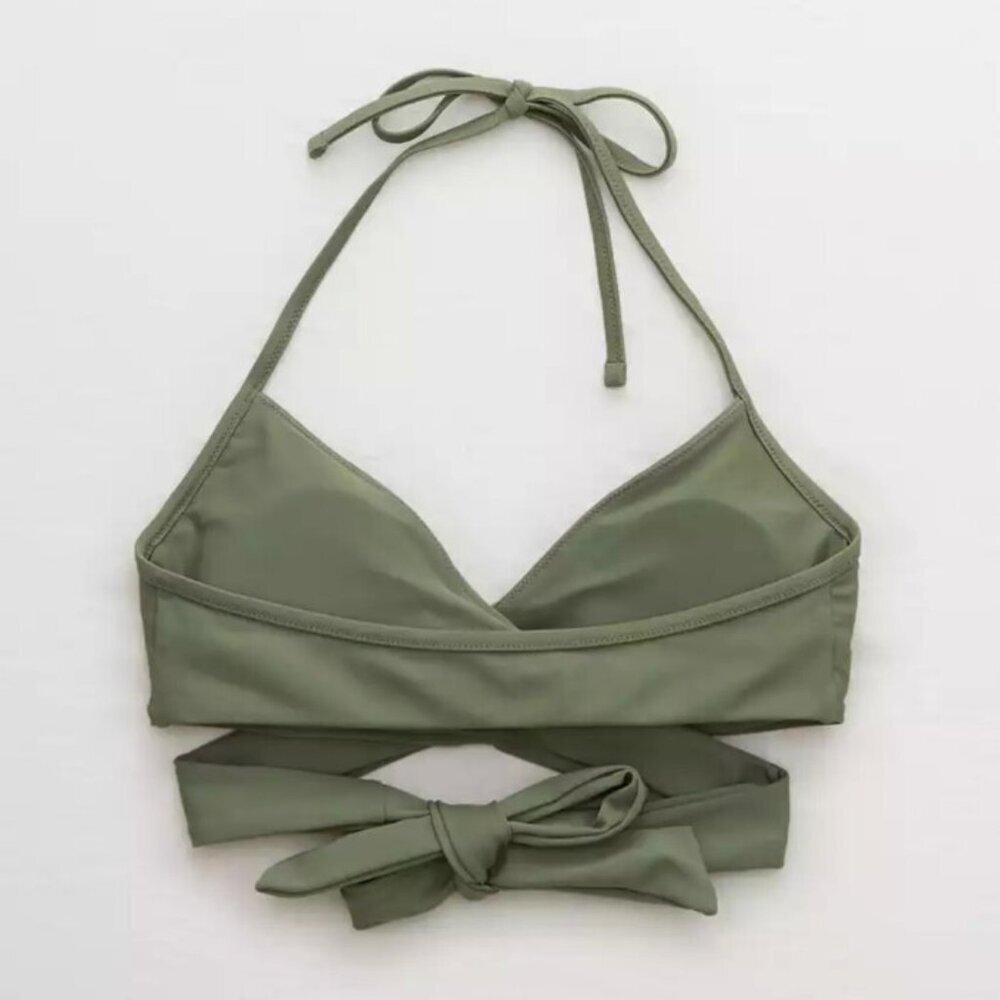 Aerie Wrap Halter Bikini Top and High Cut Cheeky Bikini in Olive Fun Medium - Picture 7 of 11